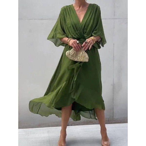 Vestido Midi Cruzado Verde Oliva