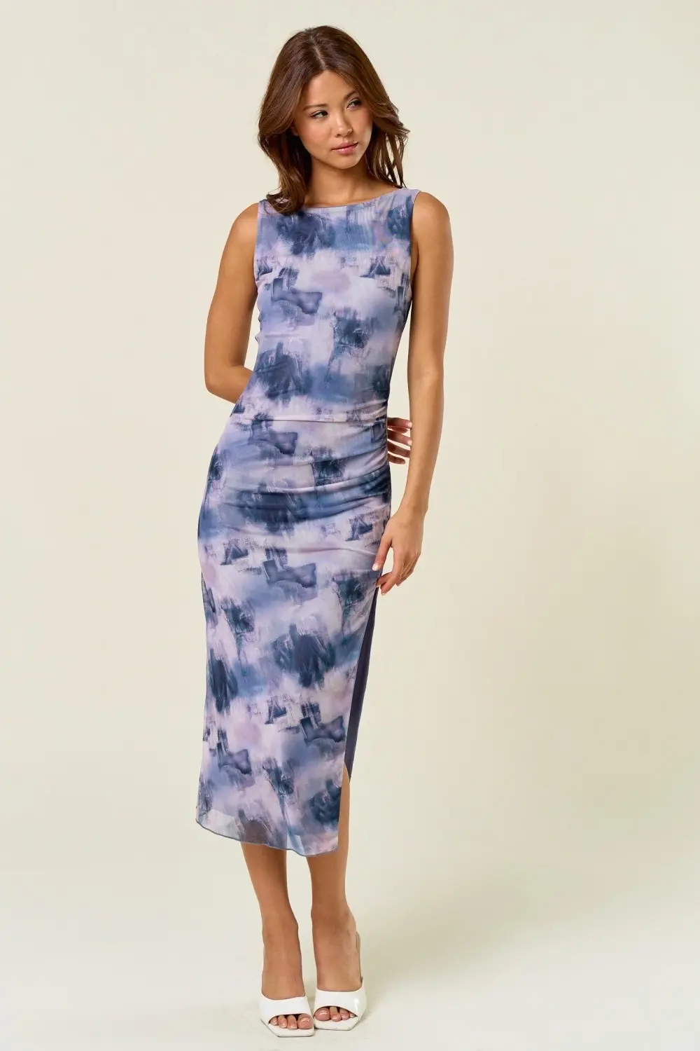 Vestido Midi Mesh Estampado Morado