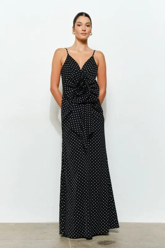 Vestido Flor Largo Polka Dots Negro