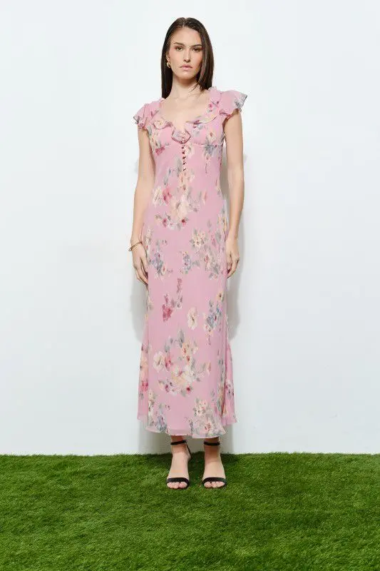 Vestido Midi Estampado Floral Rosa