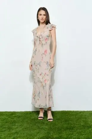 Vestido Midi Estampado Florar Beige