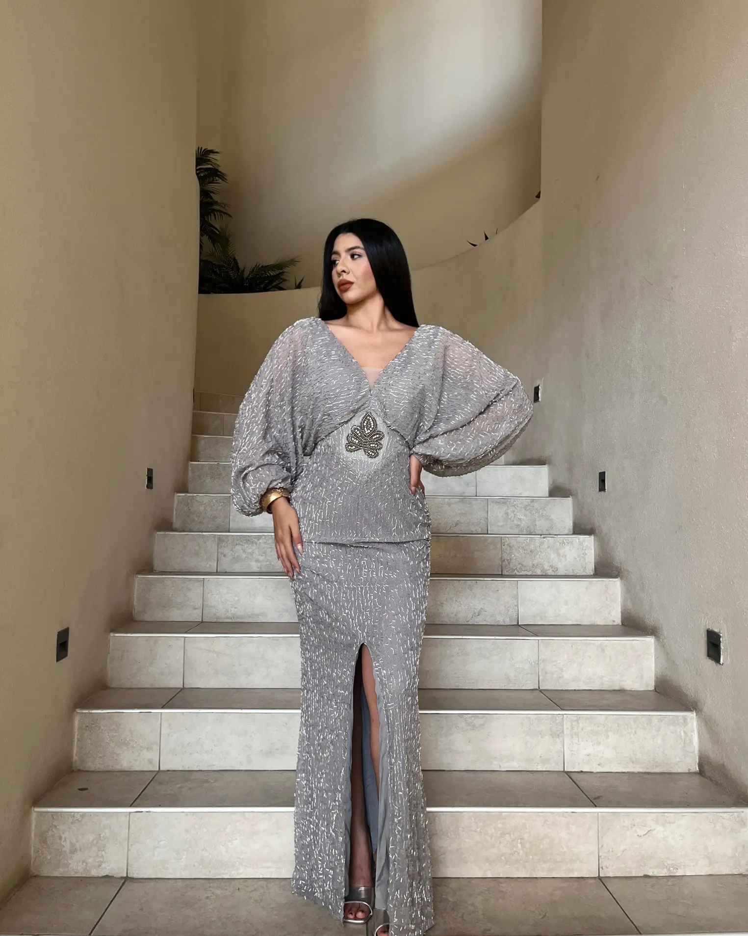 Vestido Largo con Detalles Plateados
