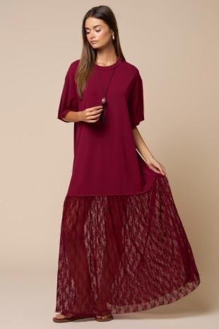 Vestido Maxi Lencero con Encaje Guinda