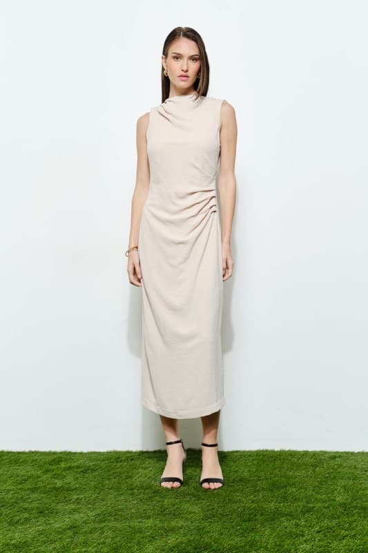 Vestido Midi con Lazo Color Arena