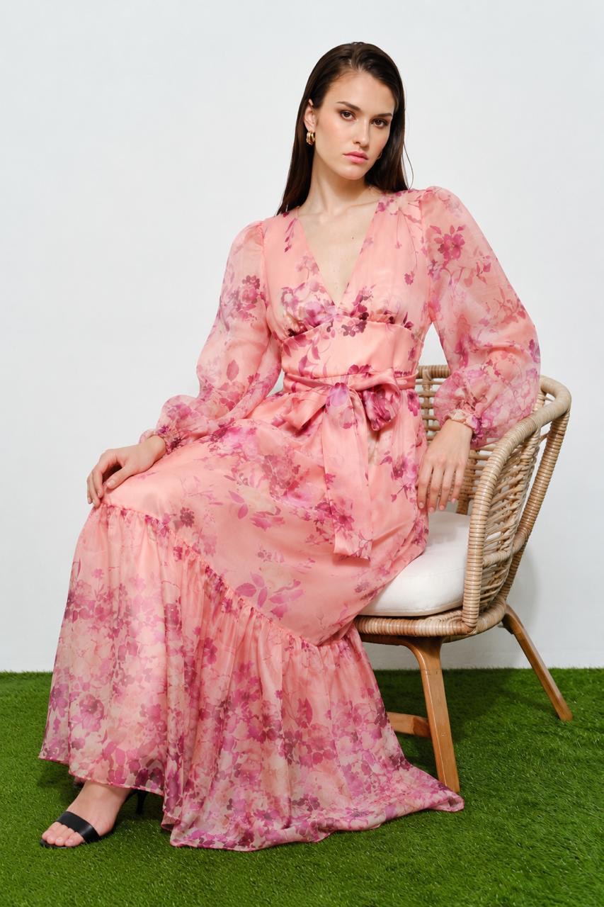 Vestido Rosa Flowy con Mangas