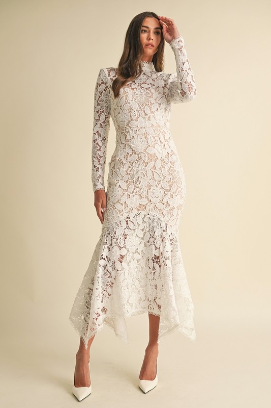 Vestido Midi Blanco Con Encaje